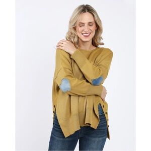 Chic Mustard Sweater with Blue Elbow Accents